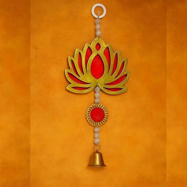 Alt view image 3 of 4 - Decorative Hanging Lotus Bell Toran Traditional Wall Door Hanging with Beads and Bell Pack of 5 Ideal for Festival, Pooja Room, Home Decor & Gifting (Red)