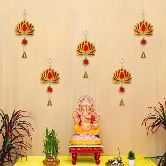 Alt view image 4 of 4 - Decorative Hanging Lotus Bell Toran Traditional Wall Door Hanging with Beads and Bell Pack of 5 Ideal for Festival, Pooja Room, Home Decor & Gifting (Red)