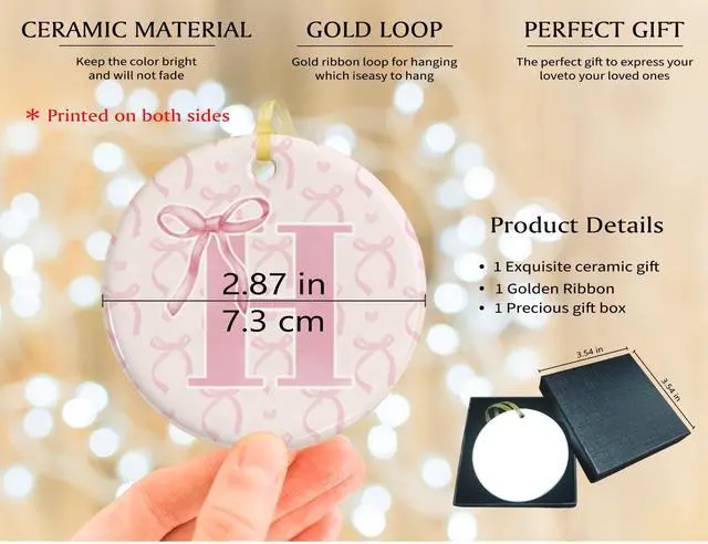 Alt view image 4 of 6 - Initial Personalized Gifts for Women,Pink Ornaments for Christmas Tree,Pink Bow Ornaments for Tree Home Coquette Room Birthday Party Front Door Holiday Decor Hanging Ornaments Keepsake (H)