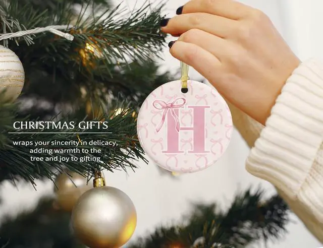 Alt view image 2 of 6 - Initial Personalized Gifts for Women,Pink Ornaments for Christmas Tree,Pink Bow Ornaments for Tree Home Coquette Room Birthday Party Front Door Holiday Decor Hanging Ornaments Keepsake (H)