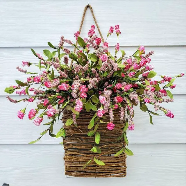 Main image of Pink Berry Wildflower Door Hanger Basket Wreath - Spring & Summer Front Door Decor, Mother's Day Hanging Ornament, Seasonal Welcome Basket for Weddings, Parties, Home Decoration