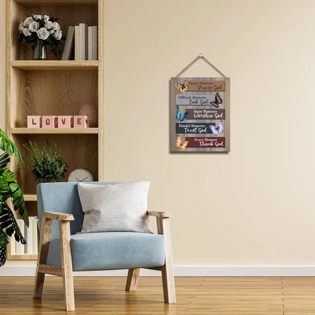 Alt view image 3 of 5 - Christian Hanging Plaque With Rope, Home Wall Decor Wood Happy Moments Praise God Sign, Door Butterfly Bible Verses Sign for Study Dining Room Bedroom, Farmhouse Art Plaque Gift for Her -18