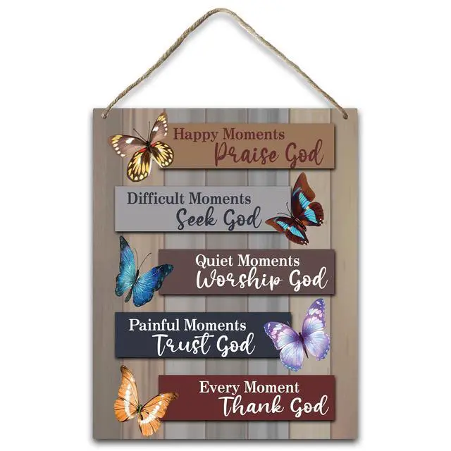Main image of Christian Hanging Plaque With Rope, Home Wall Decor Wood Happy Moments Praise God Sign, Door Butterfly Bible Verses Sign for Study Dining Room Bedroom, Farmhouse Art Plaque Gift for Her -18