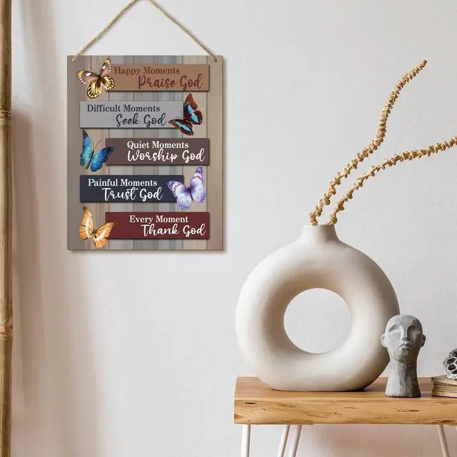 Alt view image 5 of 5 - Christian Hanging Plaque With Rope, Home Wall Decor Wood Happy Moments Praise God Sign, Door Butterfly Bible Verses Sign for Study Dining Room Bedroom, Farmhouse Art Plaque Gift for Her -18