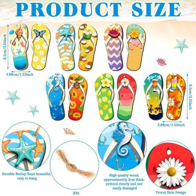 Alt view image 2 of 7 - 36 Pcs Summer Wood Hanging Ornaments Flip Flop Wooden Chip Hawaii Beach Slippers Hanging Tree Ornament Wood Tags with Ropes for Birthday Tropical Party Anniversary Home Summer Decor 12 Styles