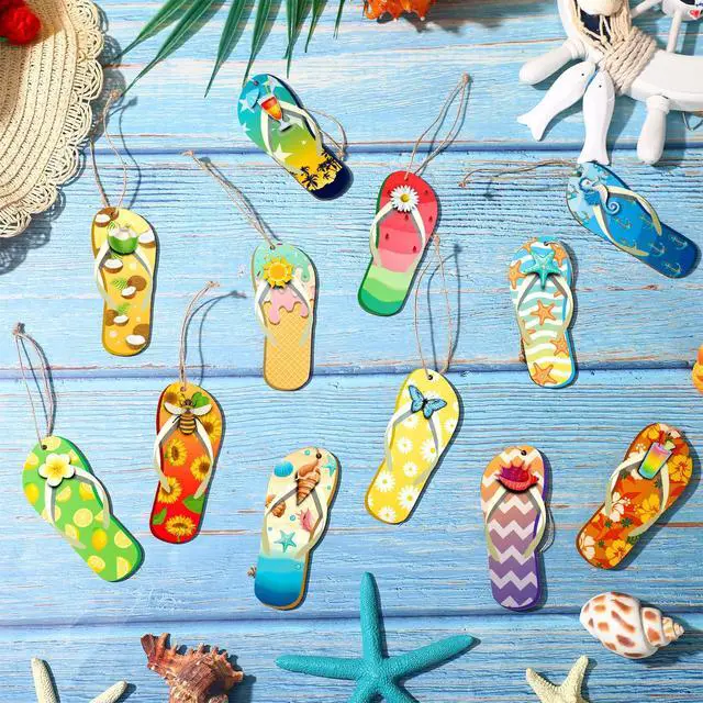 Alt view image 4 of 7 - 36 Pcs Summer Wood Hanging Ornaments Flip Flop Wooden Chip Hawaii Beach Slippers Hanging Tree Ornament Wood Tags with Ropes for Birthday Tropical Party Anniversary Home Summer Decor 12 Styles