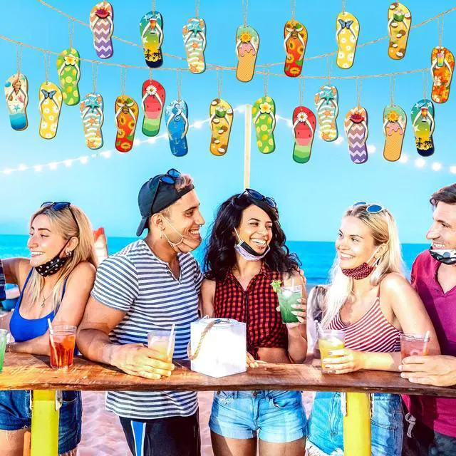 Alt view image 3 of 7 - 36 Pcs Summer Wood Hanging Ornaments Flip Flop Wooden Chip Hawaii Beach Slippers Hanging Tree Ornament Wood Tags with Ropes for Birthday Tropical Party Anniversary Home Summer Decor 12 Styles