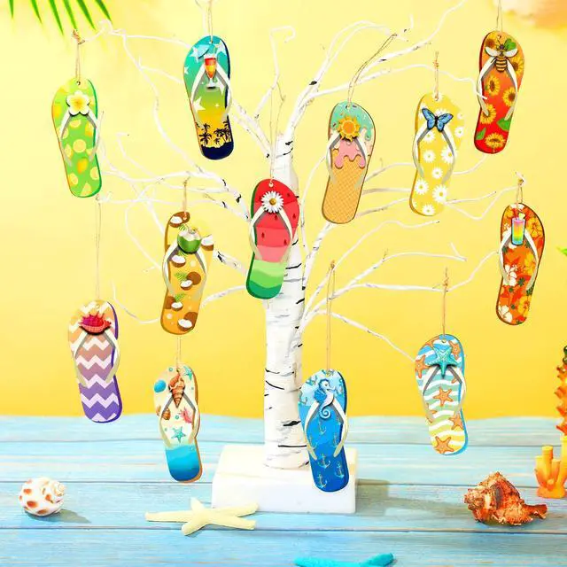 Alt view image 7 of 7 - 36 Pcs Summer Wood Hanging Ornaments Flip Flop Wooden Chip Hawaii Beach Slippers Hanging Tree Ornament Wood Tags with Ropes for Birthday Tropical Party Anniversary Home Summer Decor 12 Styles