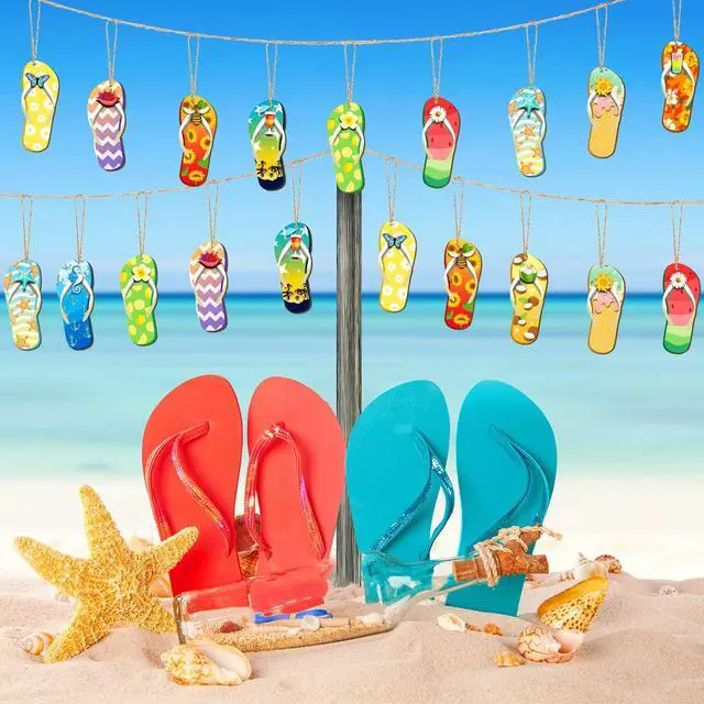 Alt view image 6 of 7 - 36 Pcs Summer Wood Hanging Ornaments Flip Flop Wooden Chip Hawaii Beach Slippers Hanging Tree Ornament Wood Tags with Ropes for Birthday Tropical Party Anniversary Home Summer Decor 12 Styles