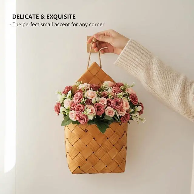 Alt view image 4 of 7 - Artificial Hanging Flowers - Cottage Core Decor,Artificial Rose Bouquet & Handwoven Basket,Home Hanging Decorations,Room Decor Wall,Door Hanging Decoration (deep Pink)