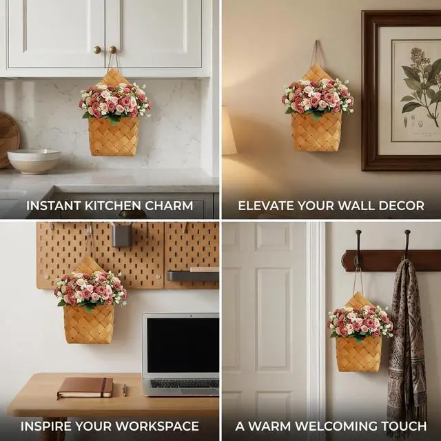 Alt view image 7 of 7 - Artificial Hanging Flowers - Cottage Core Decor,Artificial Rose Bouquet & Handwoven Basket,Home Hanging Decorations,Room Decor Wall,Door Hanging Decoration (deep Pink)