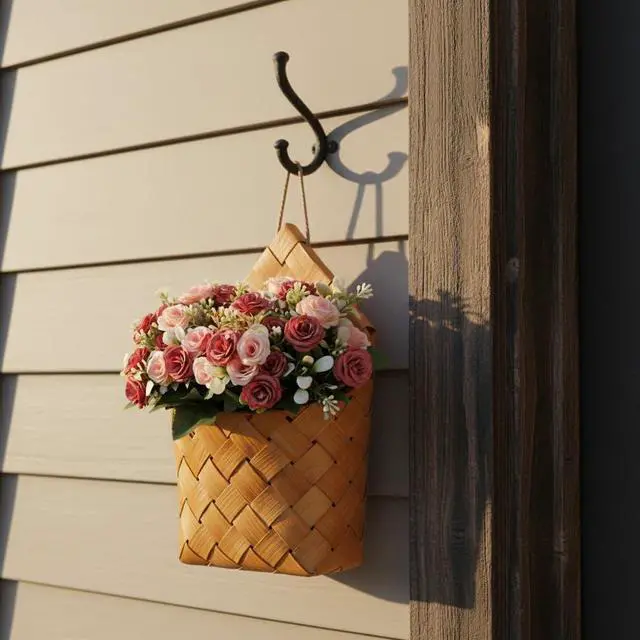Alt view image 3 of 7 - Artificial Hanging Flowers - Cottage Core Decor,Artificial Rose Bouquet & Handwoven Basket,Home Hanging Decorations,Room Decor Wall,Door Hanging Decoration (deep Pink)