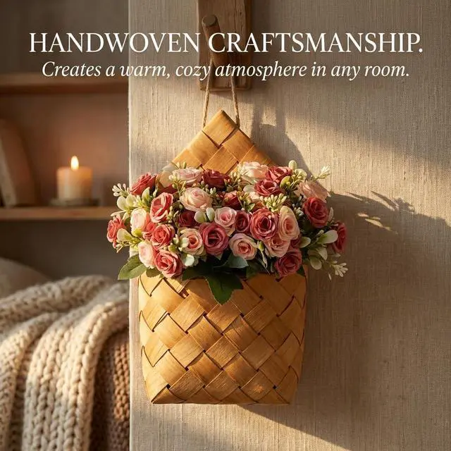 Alt view image 5 of 7 - Artificial Hanging Flowers - Cottage Core Decor,Artificial Rose Bouquet & Handwoven Basket,Home Hanging Decorations,Room Decor Wall,Door Hanging Decoration (deep Pink)
