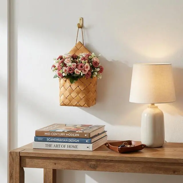 Alt view image 6 of 7 - Artificial Hanging Flowers - Cottage Core Decor,Artificial Rose Bouquet & Handwoven Basket,Home Hanging Decorations,Room Decor Wall,Door Hanging Decoration (deep Pink)