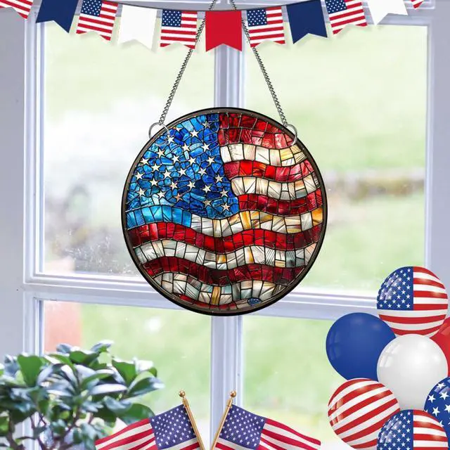 Alt view image 2 of 7 - 8 Inch 250th Anniversary Acrylic Suncatcher American Flag Stained Glass Window Hanging Patriotic Party Decorations Red White and Blue Ornaments for 4th of July Home Wall Art Porch Yard Decor