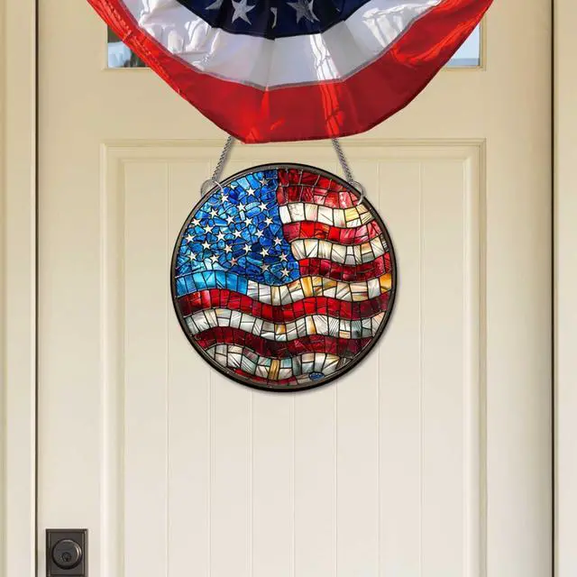 Alt view image 3 of 7 - 8 Inch 250th Anniversary Acrylic Suncatcher American Flag Stained Glass Window Hanging Patriotic Party Decorations Red White and Blue Ornaments for 4th of July Home Wall Art Porch Yard Decor