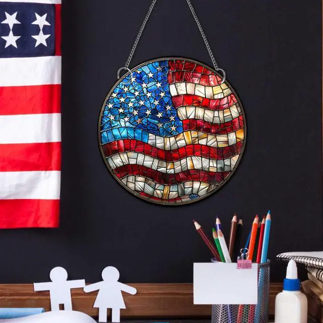 Alt view image 6 of 7 - 8 Inch 250th Anniversary Acrylic Suncatcher American Flag Stained Glass Window Hanging Patriotic Party Decorations Red White and Blue Ornaments for 4th of July Home Wall Art Porch Yard Decor