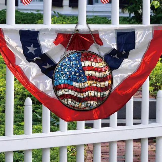 Alt view image 4 of 7 - 8 Inch 250th Anniversary Acrylic Suncatcher American Flag Stained Glass Window Hanging Patriotic Party Decorations Red White and Blue Ornaments for 4th of July Home Wall Art Porch Yard Decor