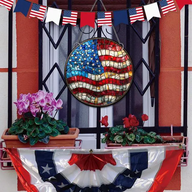 Alt view image 5 of 7 - 8 Inch 250th Anniversary Acrylic Suncatcher American Flag Stained Glass Window Hanging Patriotic Party Decorations Red White and Blue Ornaments for 4th of July Home Wall Art Porch Yard Decor