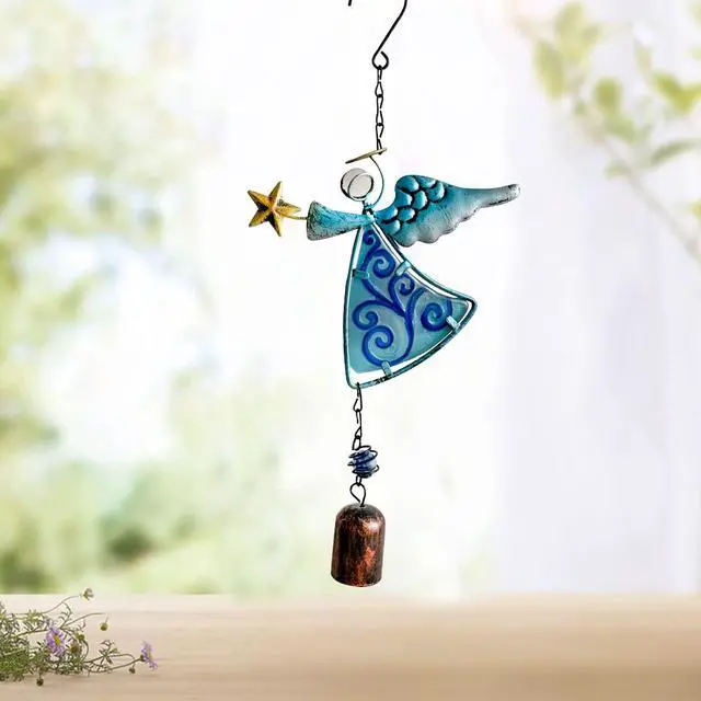 Alt view image 6 of 7 - Metal Angel Wind Chime Hanging Decoration Ornament With Wing and Bell - Decorative Hanging Bells, Gifts for Home Garden Decor Crafts (Blue)