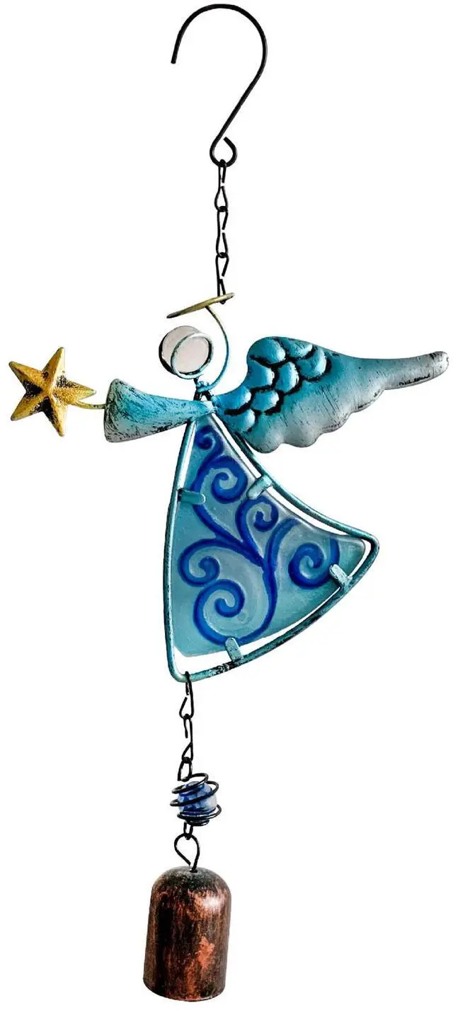 Main image of Metal Angel Wind Chime Hanging Decoration Ornament With Wing and Bell - Decorative Hanging Bells, Gifts for Home Garden Decor Crafts (Blue)