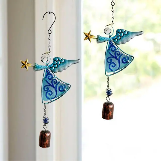 Alt view image 4 of 7 - Metal Angel Wind Chime Hanging Decoration Ornament With Wing and Bell - Decorative Hanging Bells, Gifts for Home Garden Decor Crafts (Blue)