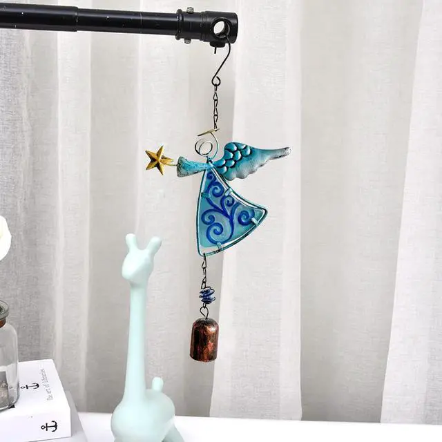 Alt view image 7 of 7 - Metal Angel Wind Chime Hanging Decoration Ornament With Wing and Bell - Decorative Hanging Bells, Gifts for Home Garden Decor Crafts (Blue)