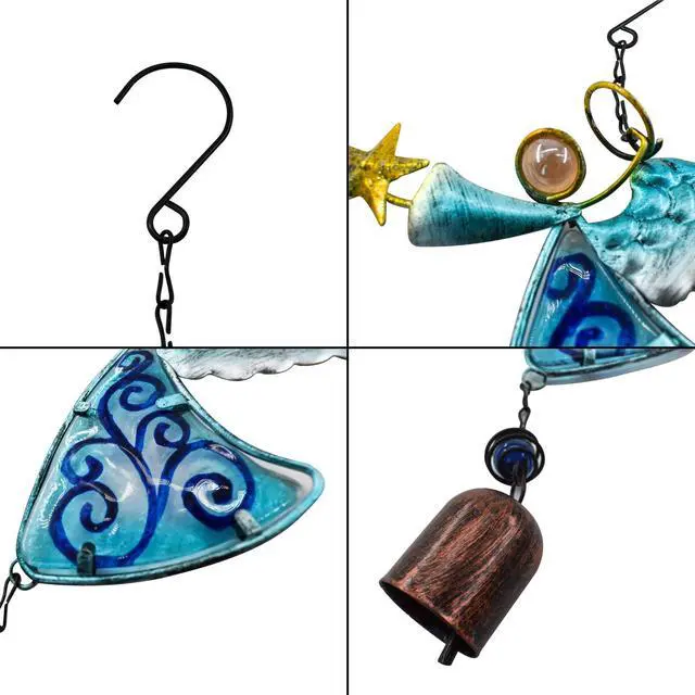 Alt view image 3 of 7 - Metal Angel Wind Chime Hanging Decoration Ornament With Wing and Bell - Decorative Hanging Bells, Gifts for Home Garden Decor Crafts (Blue)