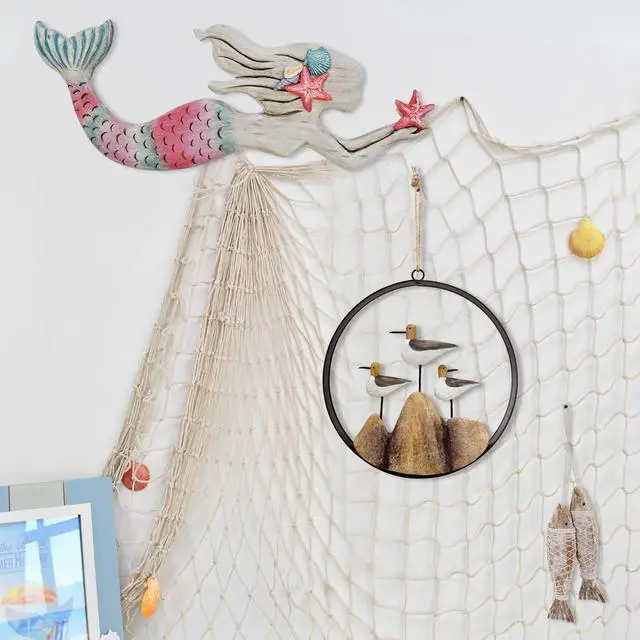 Alt view image 3 of 7 - Nautical Wood Wall Decoration Rustic Wooden Hanging Ocean Home Decor Hand Carved Beach Themed Ornament for Door (Round, A)
