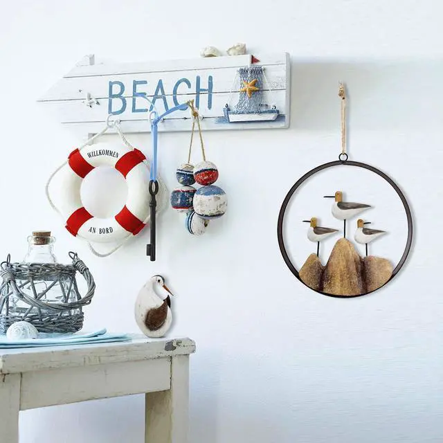 Alt view image 5 of 7 - Nautical Wood Wall Decoration Rustic Wooden Hanging Ocean Home Decor Hand Carved Beach Themed Ornament for Door (Round, A)