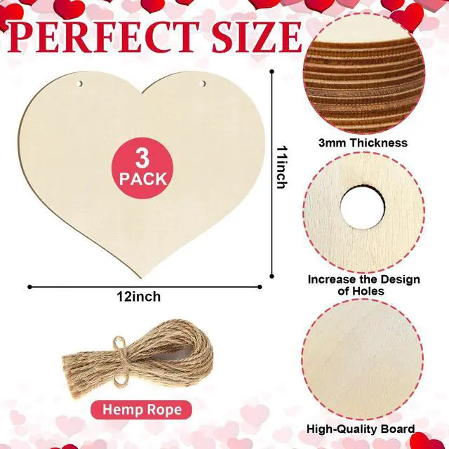 Alt view image 7 of 7 - Large Size 12" Wooden Heart Ornaments to Paint, Happy Mothers Day DIY Blank Unfinished Wreaths Front Door Sign Decorations Heart Ornament Door Hanging Sign Plaque Crafts 3PCS