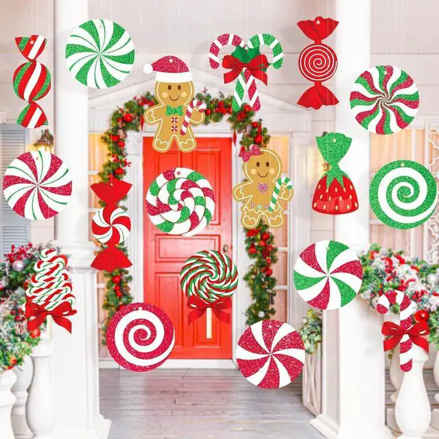 Main image of Candy Gingerbread Christmas Outdoor Decorations - 18pcs Large Hanging Candy Cane Gingerbread Man Lollipop Decor for Outdoor Yard Porch Christmas Tree Decorations