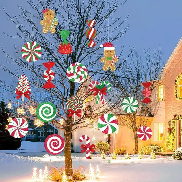 Alt view image 2 of 6 - Candy Gingerbread Christmas Outdoor Decorations - 18pcs Large Hanging Candy Cane Gingerbread Man Lollipop Decor for Outdoor Yard Porch Christmas Tree Decorations