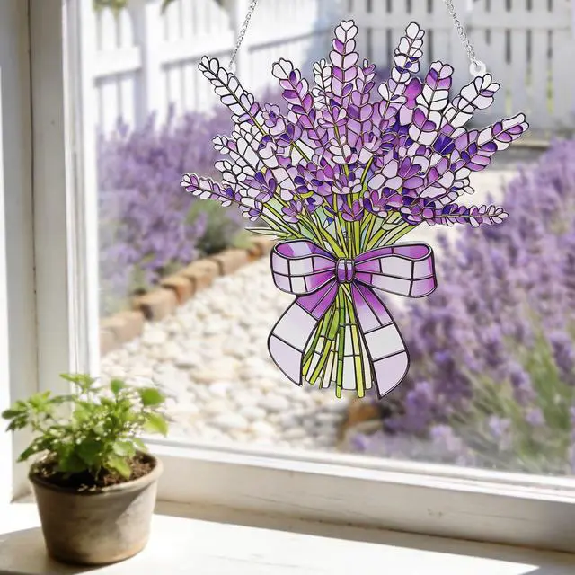Alt view image 2 of 6 - Lavender Flower Stained Glass Window Hanging Suncatchers Halloween Purple Lavender Ornament Indoor Wall Art Decor Floral Botanical Wall Hanging Decorations Gifts for Thanksgiving