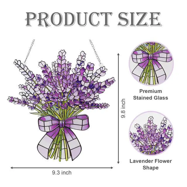 Alt view image 3 of 6 - Lavender Flower Stained Glass Window Hanging Suncatchers Halloween Purple Lavender Ornament Indoor Wall Art Decor Floral Botanical Wall Hanging Decorations Gifts for Thanksgiving