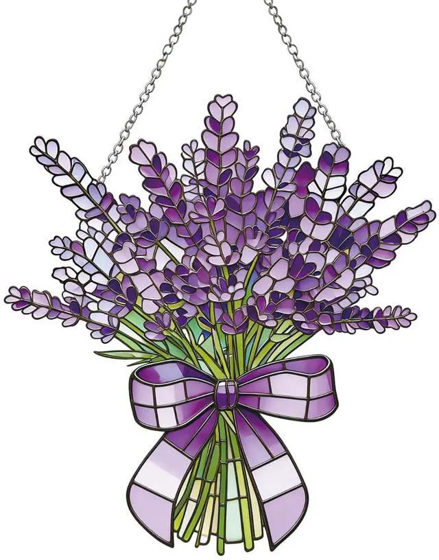 Main image of Lavender Flower Stained Glass Window Hanging Suncatchers Halloween Purple Lavender Ornament Indoor Wall Art Decor Floral Botanical Wall Hanging Decorations Gifts for Thanksgiving