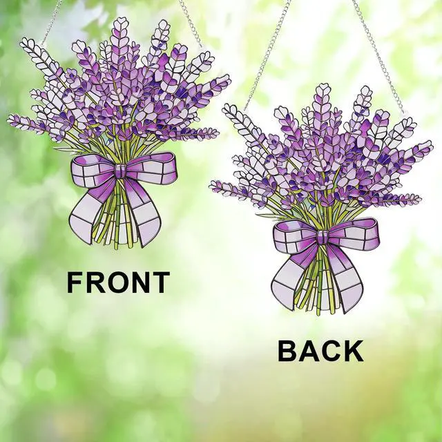 Alt view image 4 of 6 - Lavender Flower Stained Glass Window Hanging Suncatchers Halloween Purple Lavender Ornament Indoor Wall Art Decor Floral Botanical Wall Hanging Decorations Gifts for Thanksgiving