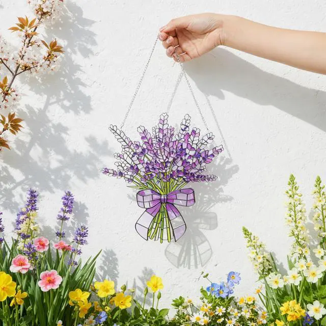 Alt view image 6 of 6 - Lavender Flower Stained Glass Window Hanging Suncatchers Halloween Purple Lavender Ornament Indoor Wall Art Decor Floral Botanical Wall Hanging Decorations Gifts for Thanksgiving