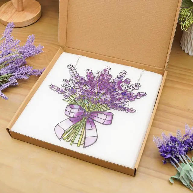 Alt view image 5 of 6 - Lavender Flower Stained Glass Window Hanging Suncatchers Halloween Purple Lavender Ornament Indoor Wall Art Decor Floral Botanical Wall Hanging Decorations Gifts for Thanksgiving
