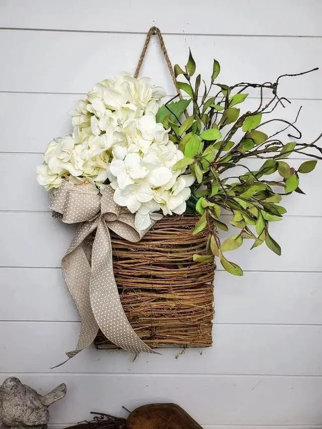 Main image of Cream Hydrangea Door Hanger Basket Wreath, Farmhouse Wreath with Wildflowers, Artificial Spring Summer Garland for Front Door, Seasonal Holiday Ornament (D)