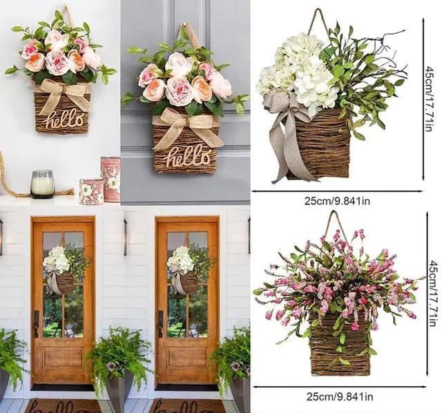 Alt view image 6 of 6 - Cream Hydrangea Door Hanger Basket Wreath, Farmhouse Wreath with Wildflowers, Artificial Spring Summer Garland for Front Door, Seasonal Holiday Ornament (D)