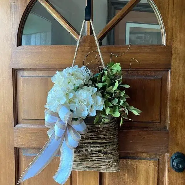 Alt view image 4 of 6 - Cream Hydrangea Door Hanger Basket Wreath, Farmhouse Wreath with Wildflowers, Artificial Spring Summer Garland for Front Door, Seasonal Holiday Ornament (D)