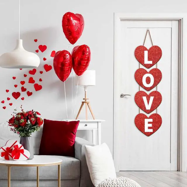 Alt view image 4 of 7 - Valentines Hanging Porch Sign Love Hanging Decor Valentine's Heart Wall Decor Farmhouse Heart Door Wood Love Sign for Rustic Home Wall(White,Elegant)
