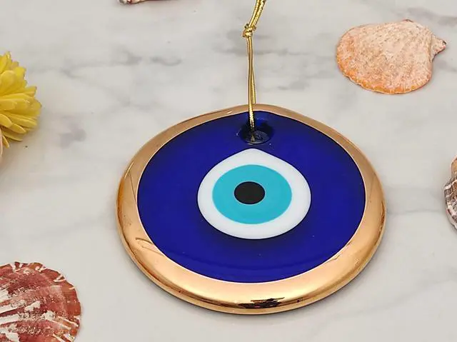 Alt view image 5 of 6 - 3.5" Glass Blue Evil Eye Wall Hanging Gold Ornament - Turkish Nazar Bead - Home Protection Charm - Gold Wall Decor Amulet in a Box (Medium)