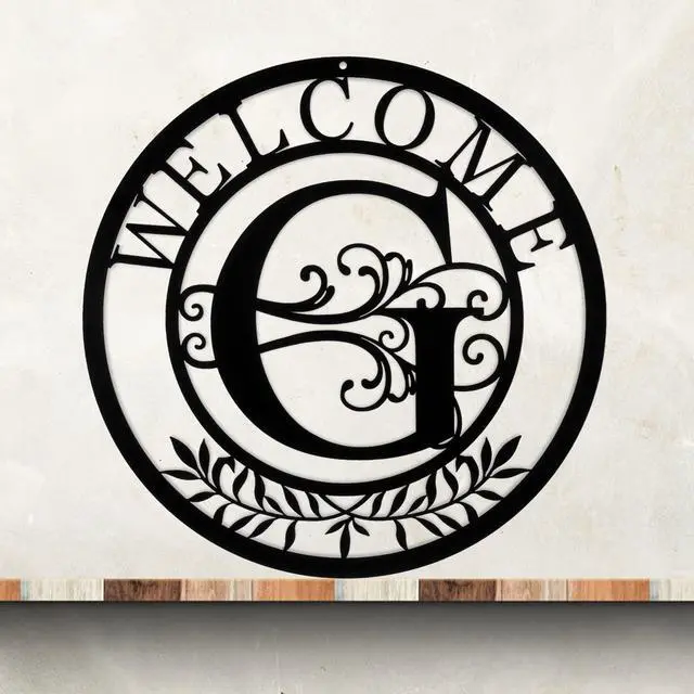 Main image of Initial Welcome Sign, 12 Inch Metal Monogrammed Sign Farmhouse Front Door Porch Sign Wall Art Decor, Monogram Gift Rustic Welcome Wreath Hanging Ornament for Indoor Outdoor, G