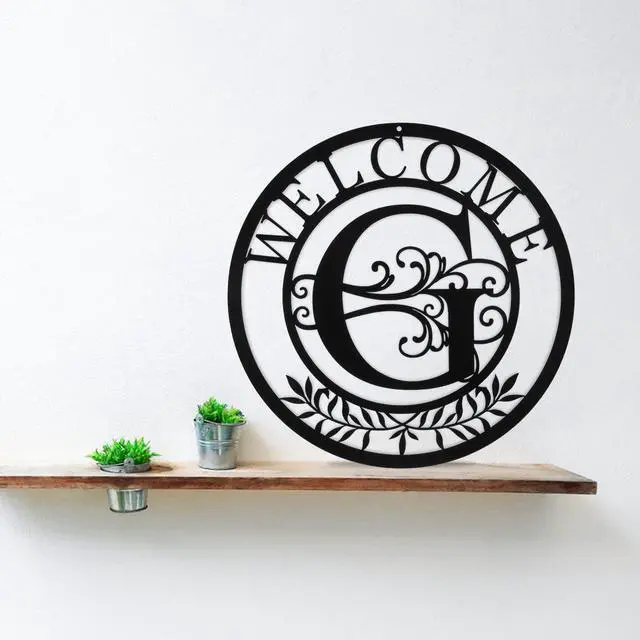 Alt view image 6 of 7 - Initial Welcome Sign, 12 Inch Metal Monogrammed Sign Farmhouse Front Door Porch Sign Wall Art Decor, Monogram Gift Rustic Welcome Wreath Hanging Ornament for Indoor Outdoor, G