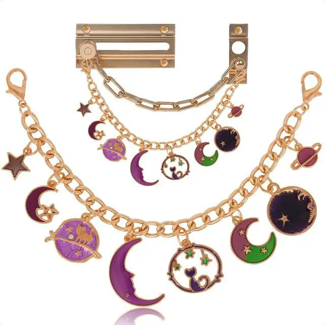 Main image of Celestial Door Chain Lock Charms Gold Plated Decorative Bedazzled Chain with Crescent Moon, Star & Cat Pendants Funky Enamel Trinket for Home Decoration (Purple)