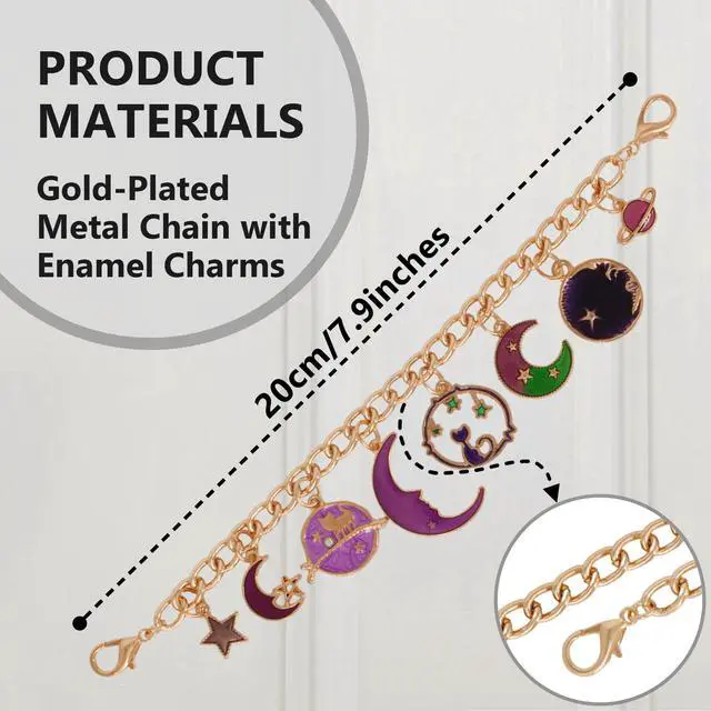 Alt view image 3 of 6 - Celestial Door Chain Lock Charms Gold Plated Decorative Bedazzled Chain with Crescent Moon, Star & Cat Pendants Funky Enamel Trinket for Home Decoration (Purple)