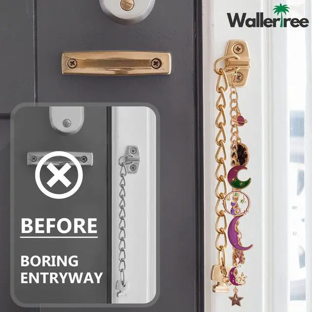 Alt view image 5 of 6 - Celestial Door Chain Lock Charms Gold Plated Decorative Bedazzled Chain with Crescent Moon, Star & Cat Pendants Funky Enamel Trinket for Home Decoration (Purple)