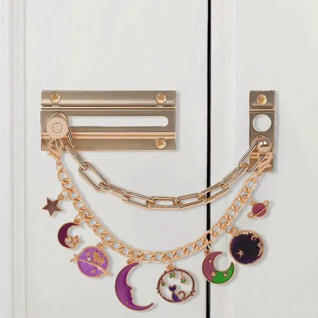 Alt view image 2 of 6 - Celestial Door Chain Lock Charms Gold Plated Decorative Bedazzled Chain with Crescent Moon, Star & Cat Pendants Funky Enamel Trinket for Home Decoration (Purple)